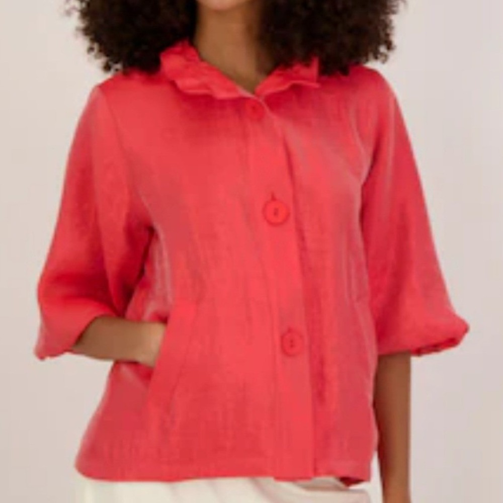 Damee Pink Coral Shimmer Textured Jacket Medium 3/4 Sleeve Pocket Art to We